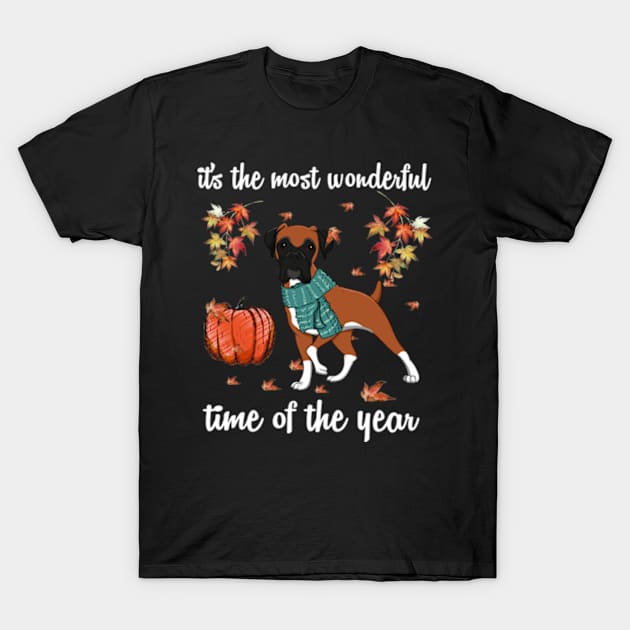 Boxer Dog Autumn Fall Most Wonderful Time Maple Gift T-Shirt by AstridLdenOs